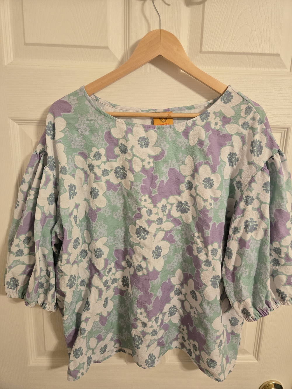 Ruby Road Floral Puff-Sleeve Blouse in Mint & Lavender Size XL